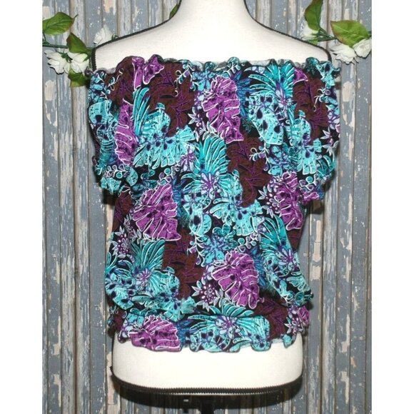Lori Michaels Colorful Palm Print Top Blouse Size S Crop Short Sleeve Elastic Wa - Picture 8 of 10